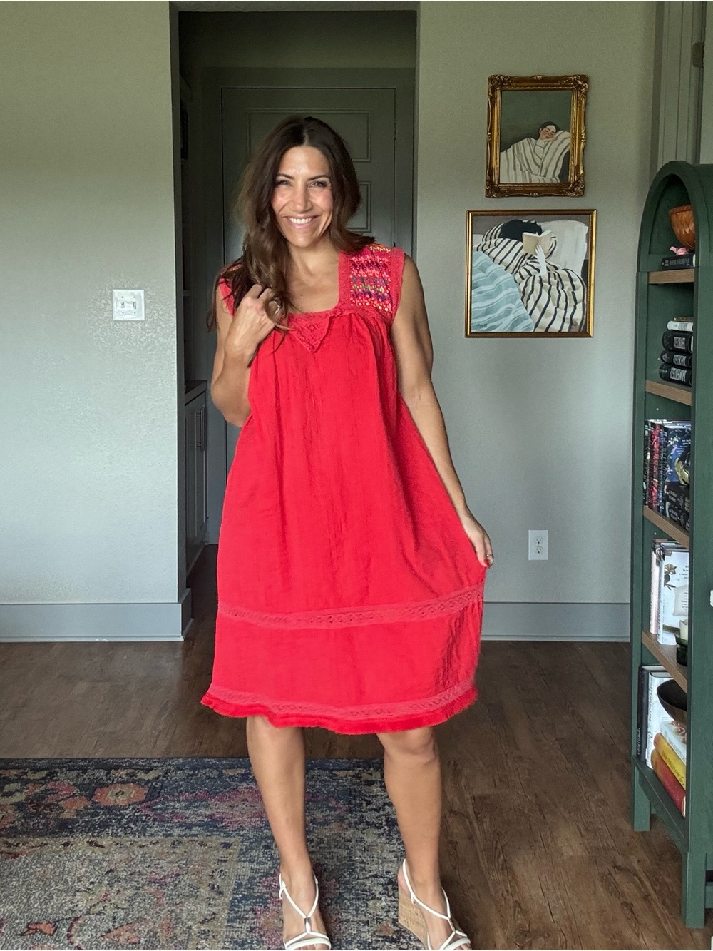 Handmade Red Embroidered Boho Dress | Artisan Huipil Inspired Midi